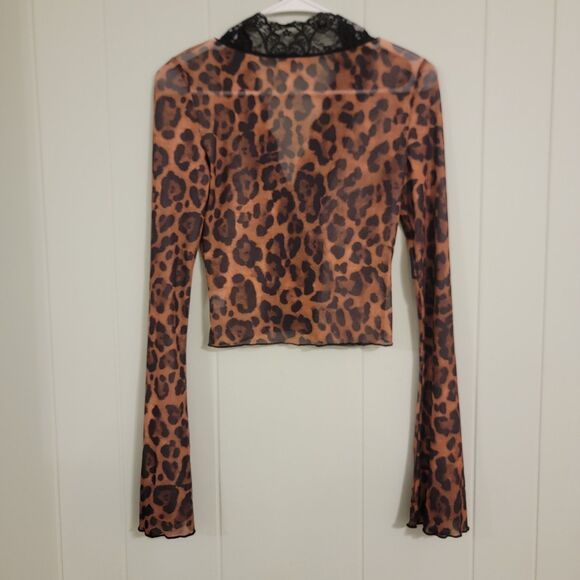Y2K Womens Cropped Mesh Top Size Medium Leopard Print Lace Trim Button Up Bell - Picture 2 of 7